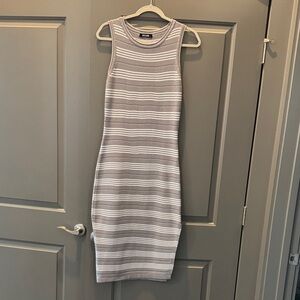 Elegant Striped Midi Dress in Gray and White